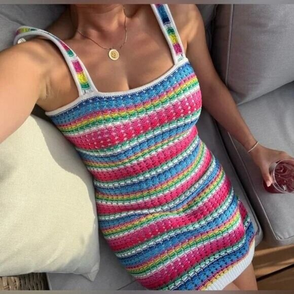 NWT GAP Crochet Squareneck Sleeveless Multicolor Mini Dress Size Medium - Picture 2 of 6